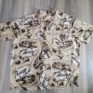 Vintage Panama Jack Silky Rayon All Over Spell Out Hawaiian Shirt 3XL Rum
